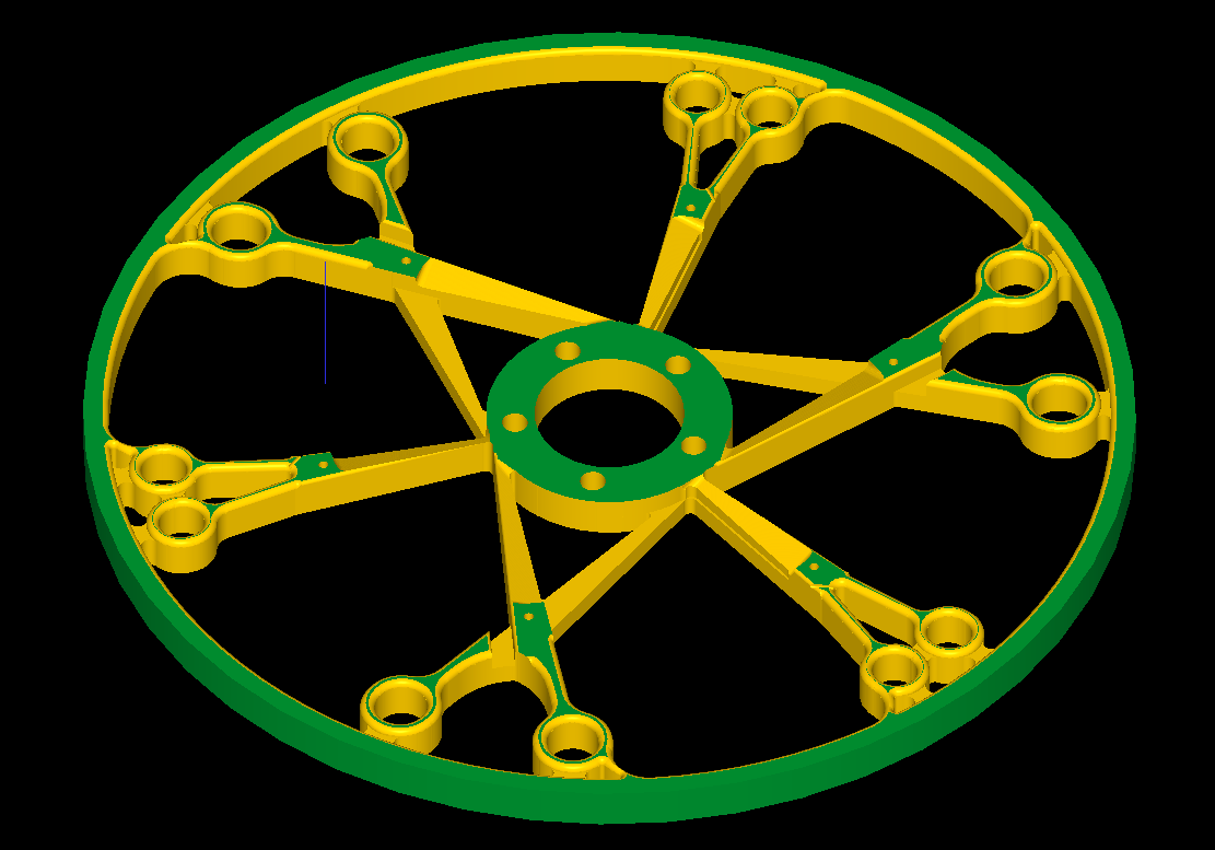 A green and yellow wheel with six large rings.